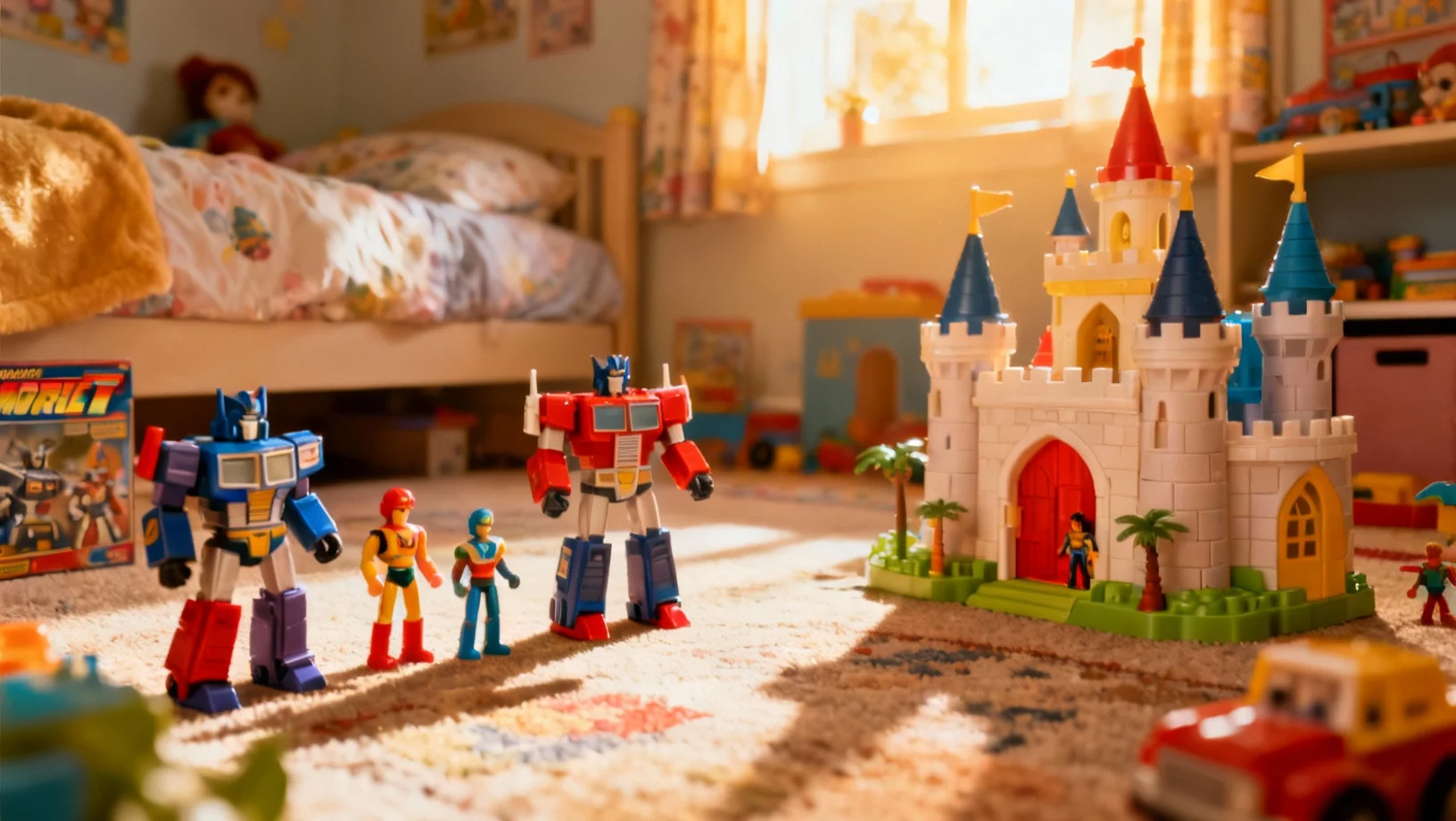 Collection de jouets cultes des années 80 : robots transformables, figurines et châteaux