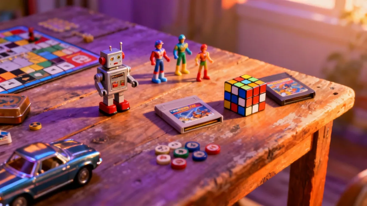 Jouets vintage sur table en bois