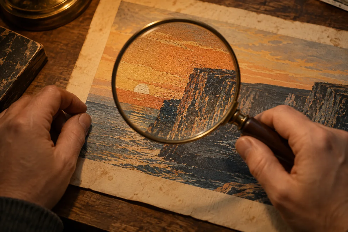 Mains tenant une loupe au-dessus d’une affiche ancienne pour observer le grain de l’impression