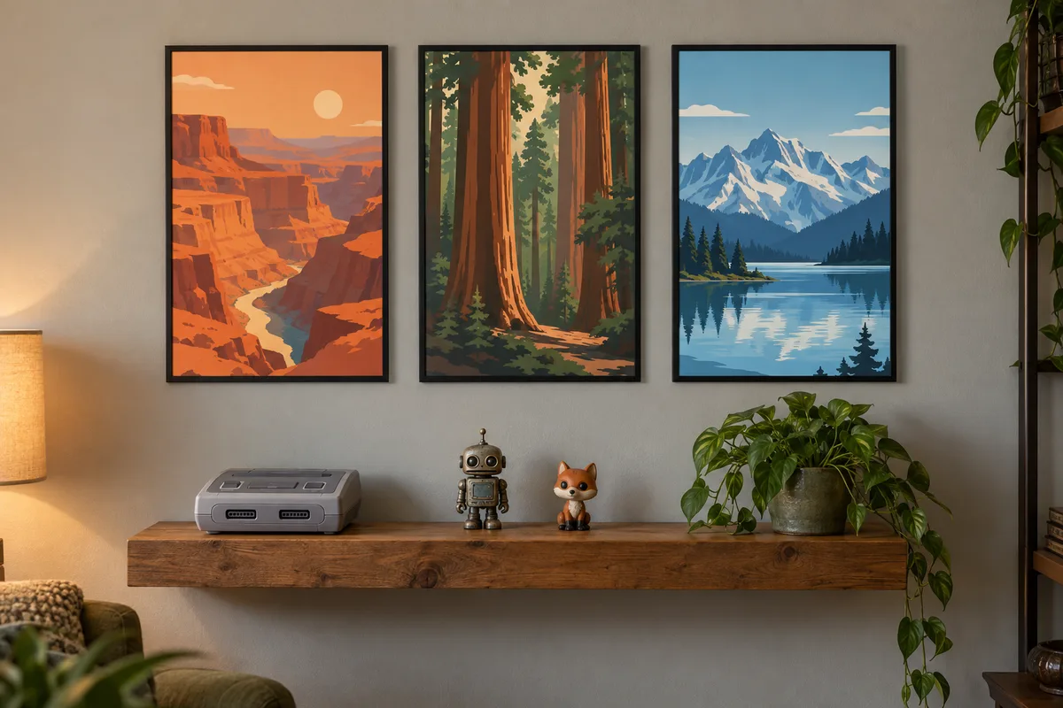 Série de trois affiches de paysages en aplats alignées au-dessus d’une étagère de jouets de collection