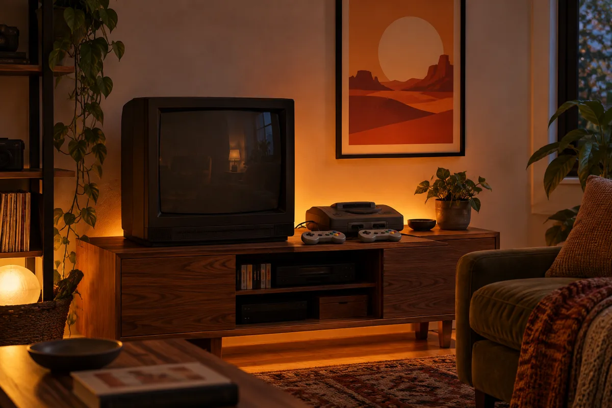 Coin retrogaming avec une affiche de désert aux tons orangés au-dessus d’un meuble bas et d’une console