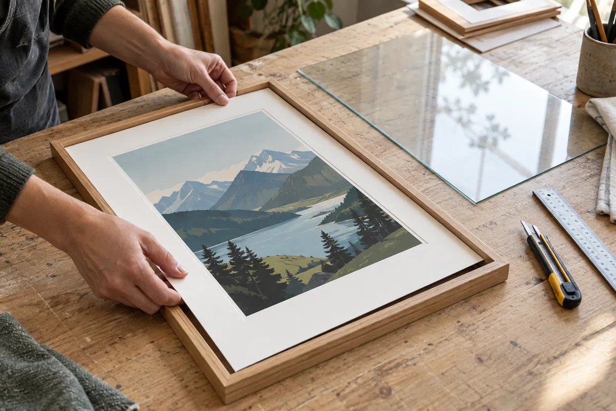 Mains glissant une affiche de montagne sous un passe-partout dans un cadre fin sur un établi