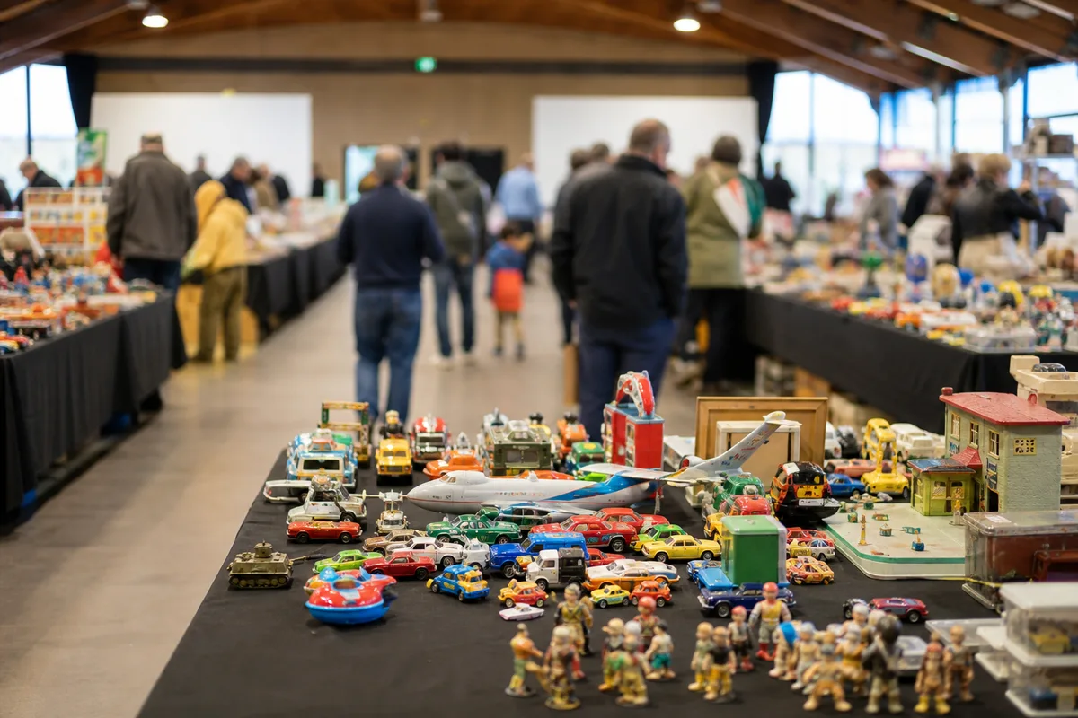 Allée d&rsquo;un salon de collectionneurs avec tables couvertes de jouets vintage