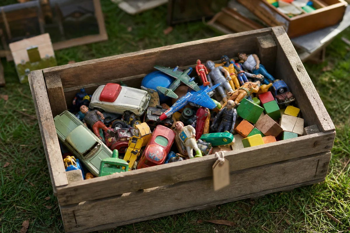 Caisse de vieux jouets dépareillés chinée dans un vide-grenier