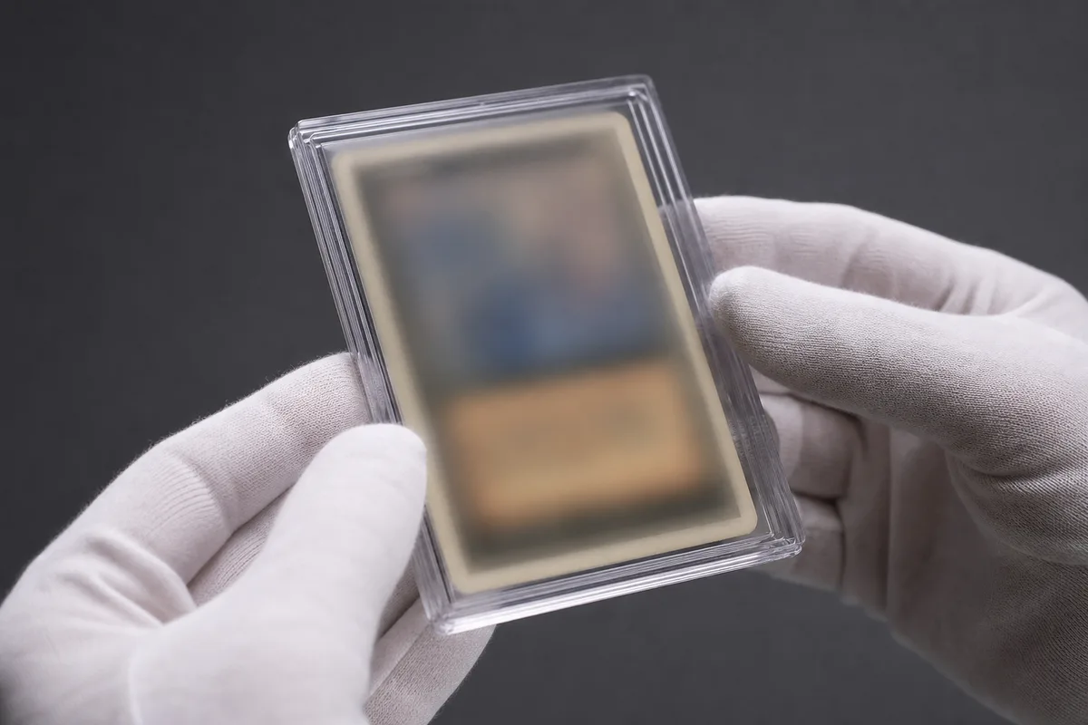 Mains gantées de blanc manipulant une carte de collection sous protection rigide