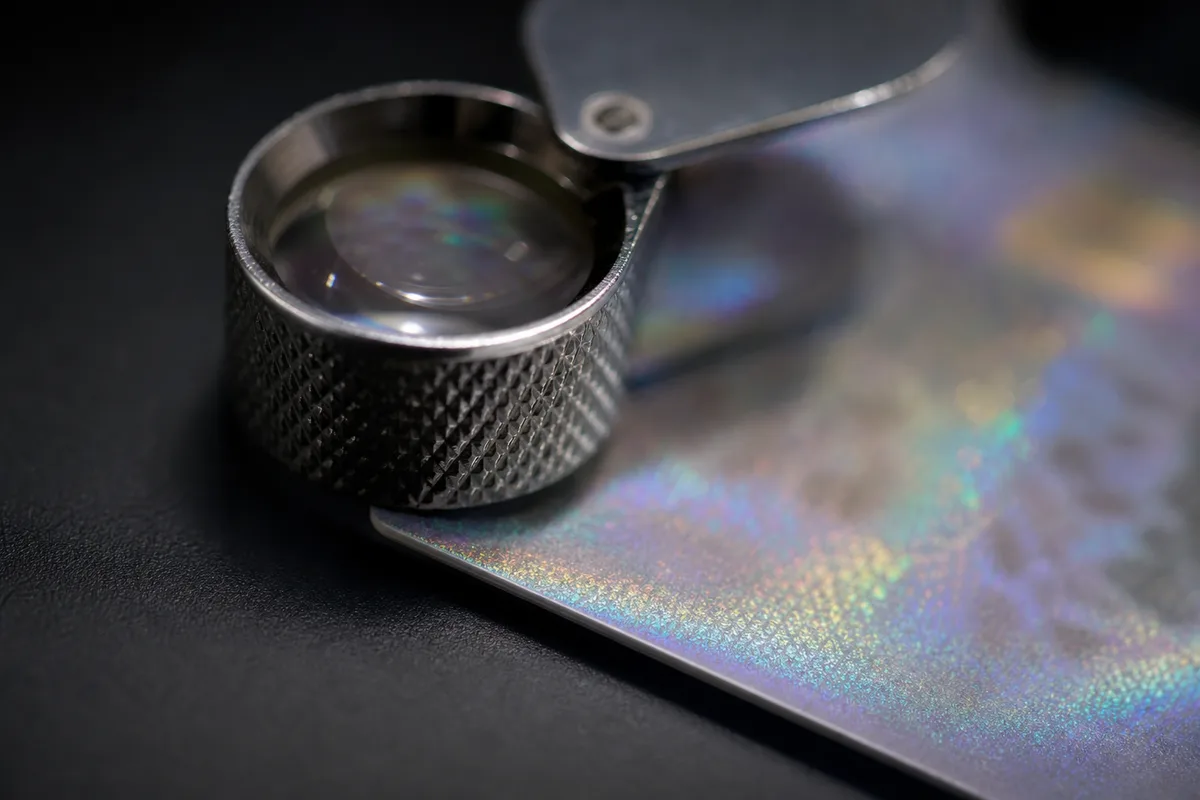 Loupe de bijoutier posée sur le coin d’une carte holographique floutée, lumière rasante