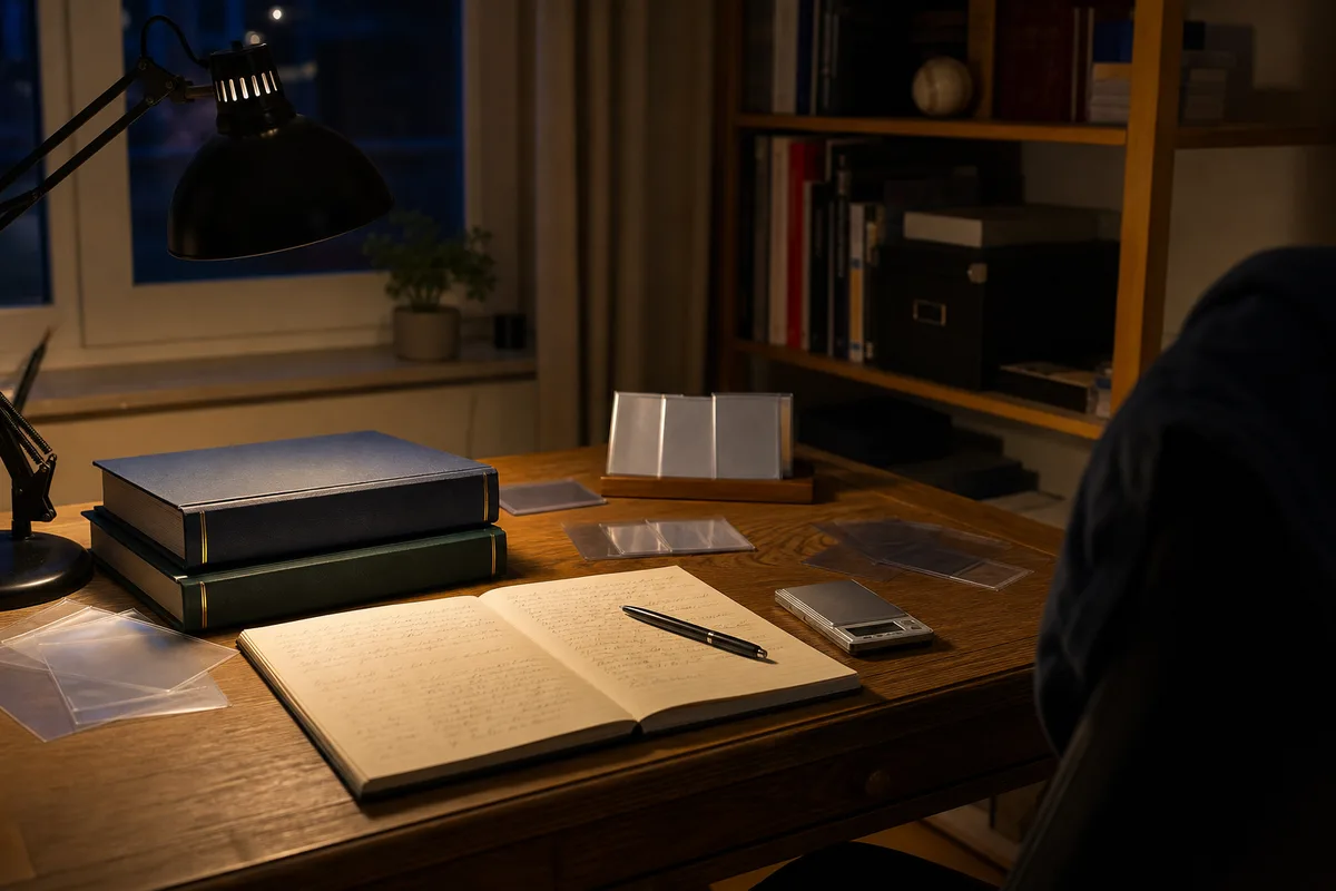 Bureau de collectionneur avec classeurs de cartes, carnet de notes et balance de précision