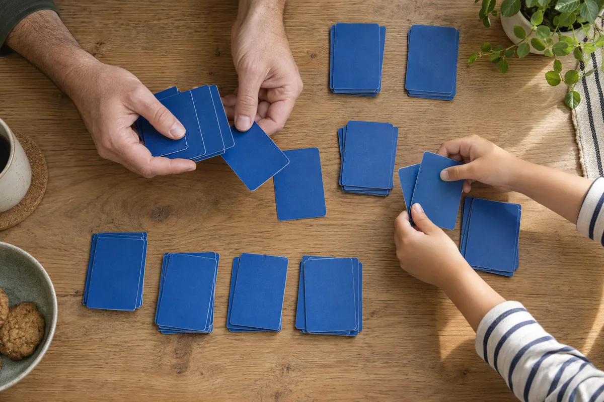 Mains d’adulte et mains d’enfant qui trient des cartes à collectionner posées côté dos sur une table en bois