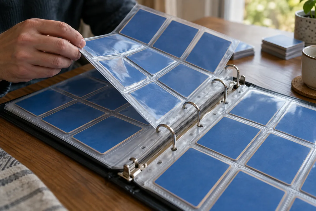 Classeur à pochettes transparentes garni de cartes à collectionner rangées côté dos