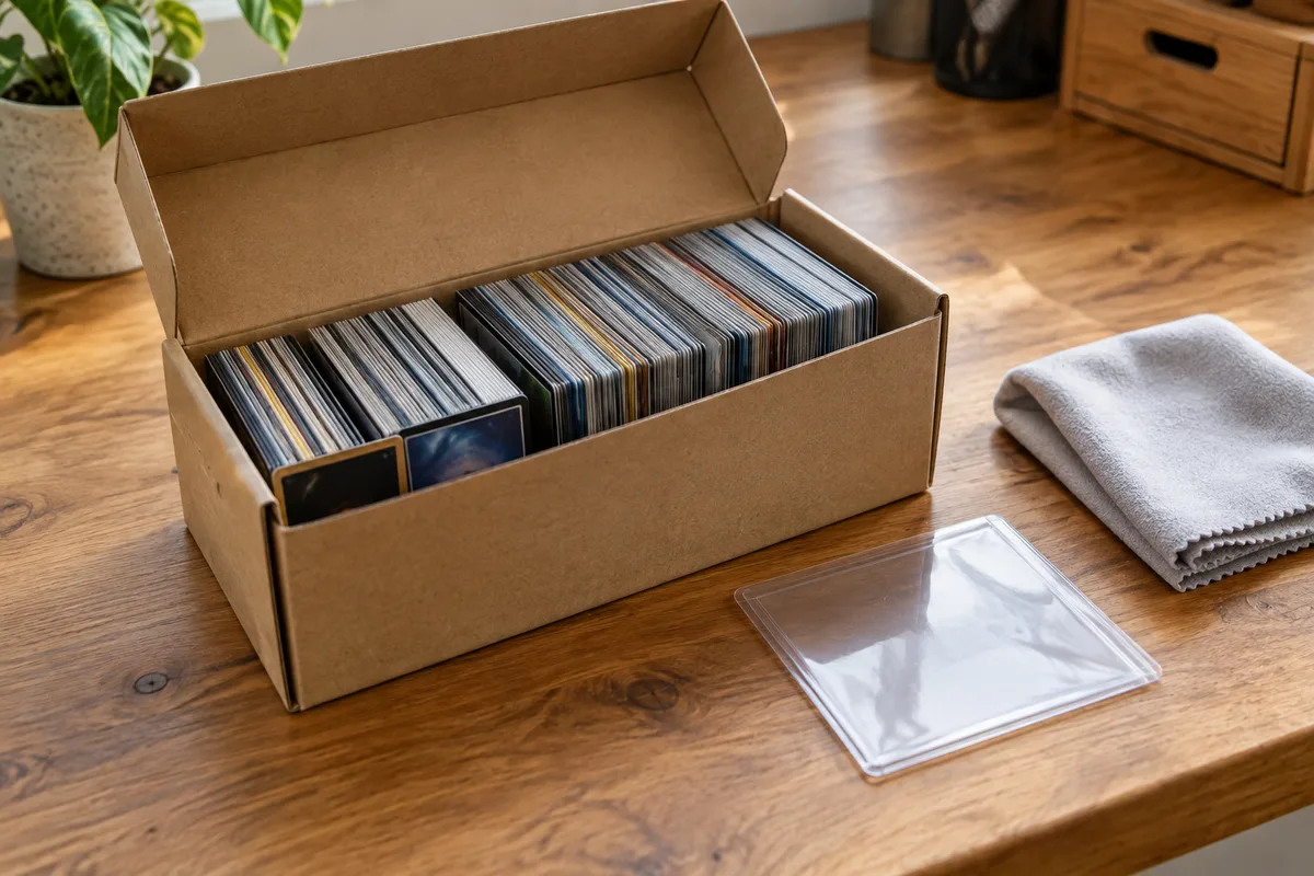 Cartes à collectionner rangées sur la tranche dans une boîte en carton brut posée sur un plan de travail