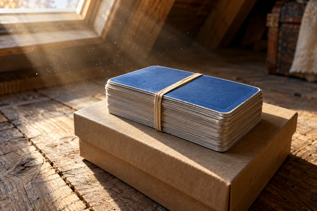 Paquet de cartes serré par un élastique, vu par la tranche, posé sur une boîte en carton brun
