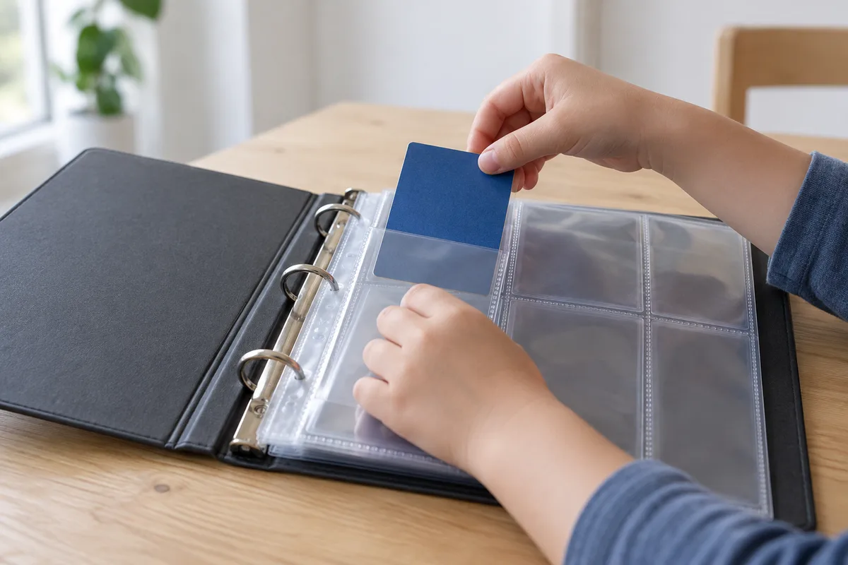 Mains d’enfant glissant une carte côté dos dans une pochette transparente de classeur gris