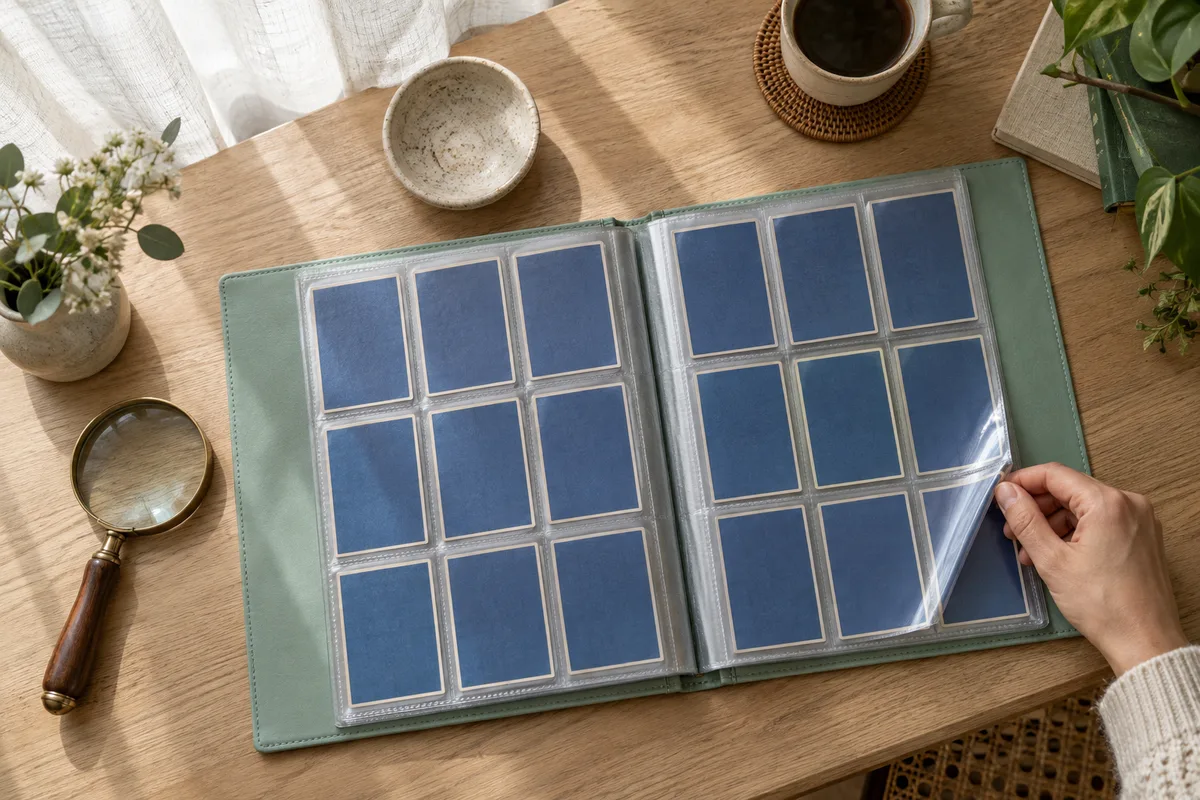 Portfolio vert ouvert sur une table près d’une fenêtre, une loupe posée sur les pochettes