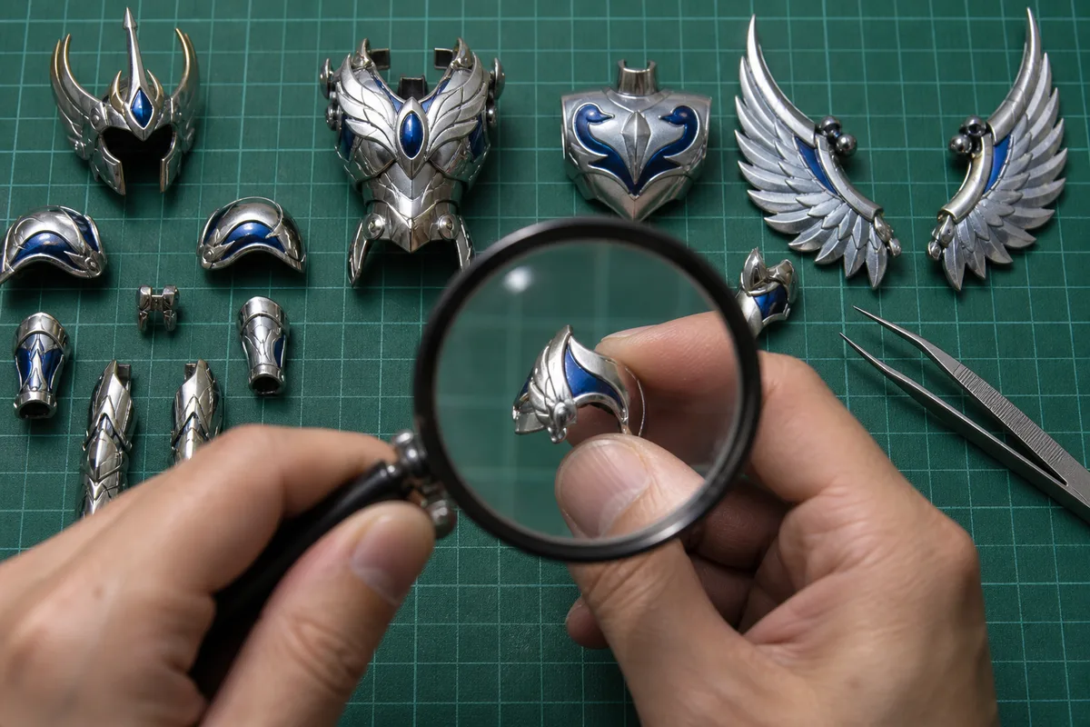 Mains examinant à la loupe une pièce d’armure miniature argentée et bleue sur un tapis d’atelier