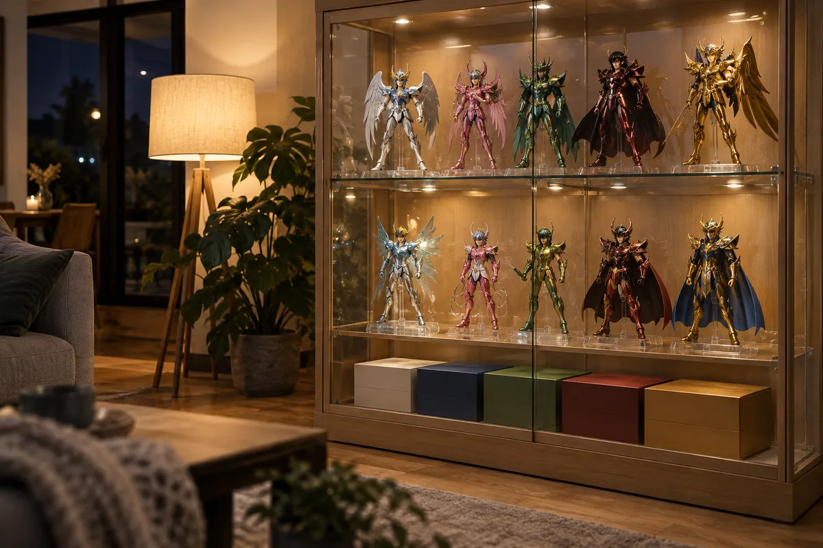 Vitrine fermée en verre éclairée dans un salon avec des figurines de chevaliers sur socles