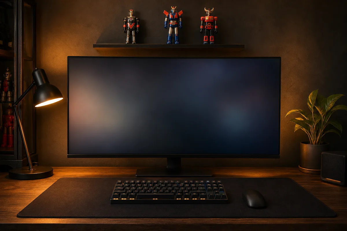 Bureau PC en bois clair adossé à un mur, écran large et rangée sobre de figurines rétro sur une étagère