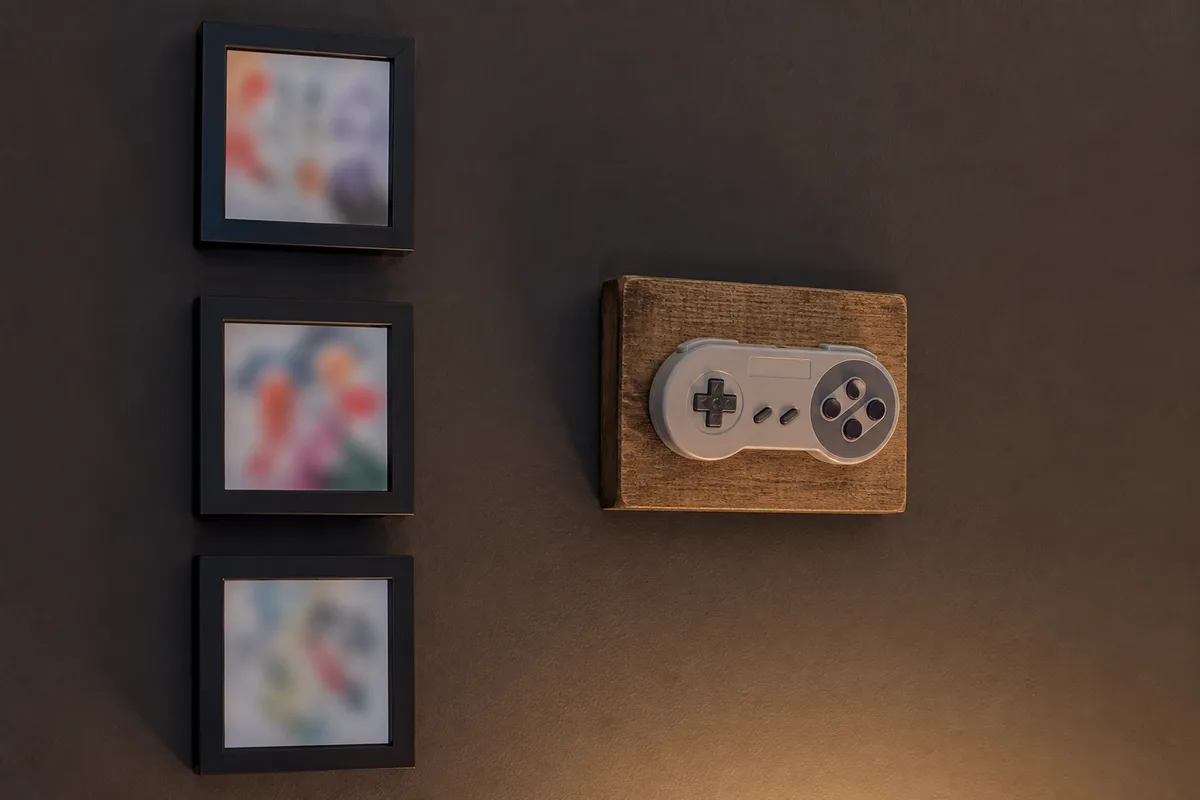 Mur au-dessus d’un poste PC avec trois petits cadres verticaux et une manette rétro montée sur planche
