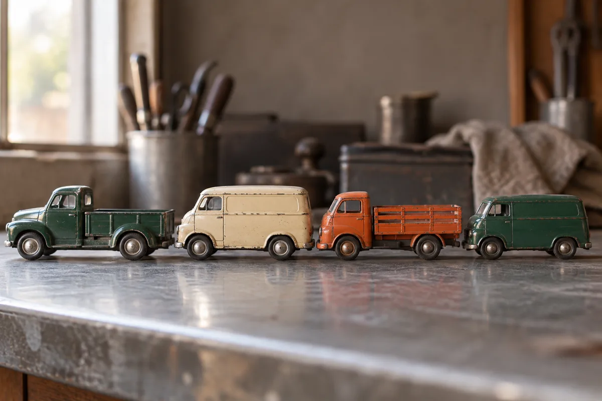 Petits camions et fourgonnettes miniatures anciens en métal moulé alignés de profil sur une table d’atelier
