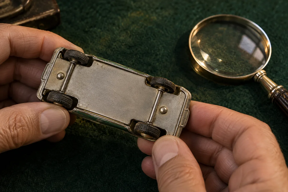 Mains tenant à l’envers une voiture miniature ancienne pour examiner sa plaque de fond et ses rivets