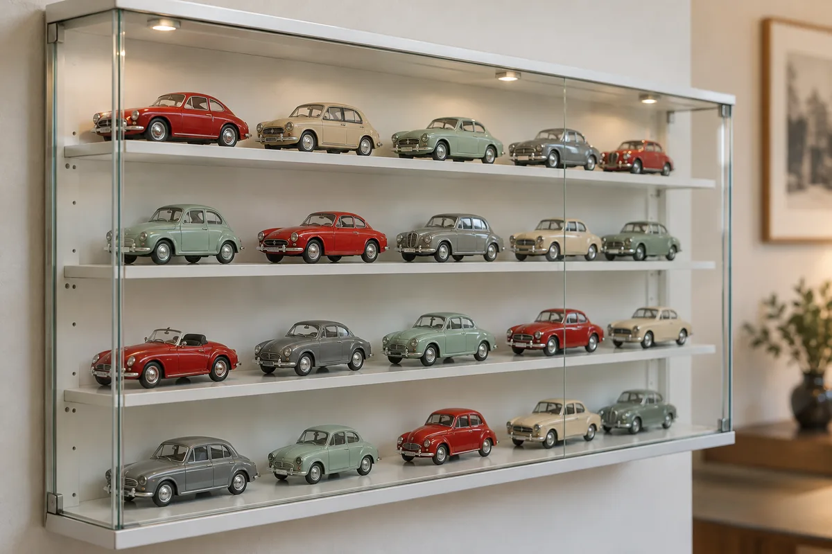 Voitures miniatures anciennes rangées sur les étagères métalliques d’une vitrine en verre
