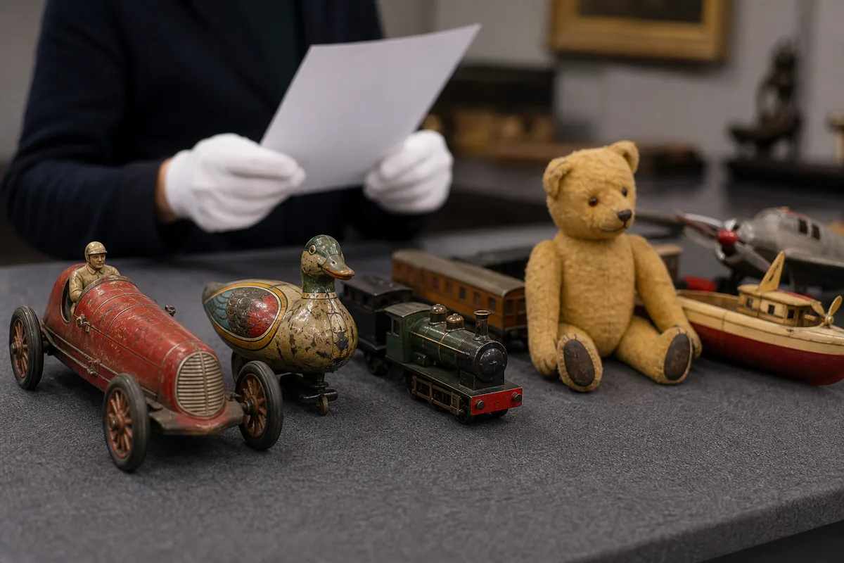 Table d&rsquo;expertise avec jouets anciens alignés et documents d&rsquo;estimation en maison de ventes