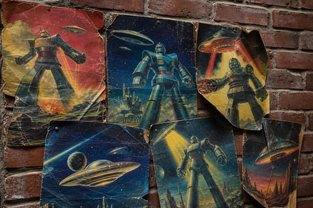 Affiches de cinéma japonaises des années 70 punaisées sur un mur de brique