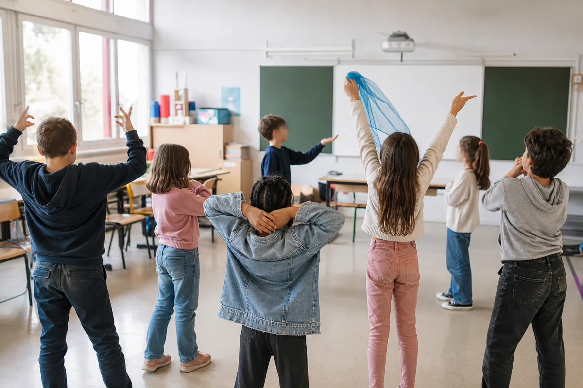 Groupe d’enfants mimant une scène de théâtre dans une salle de classe