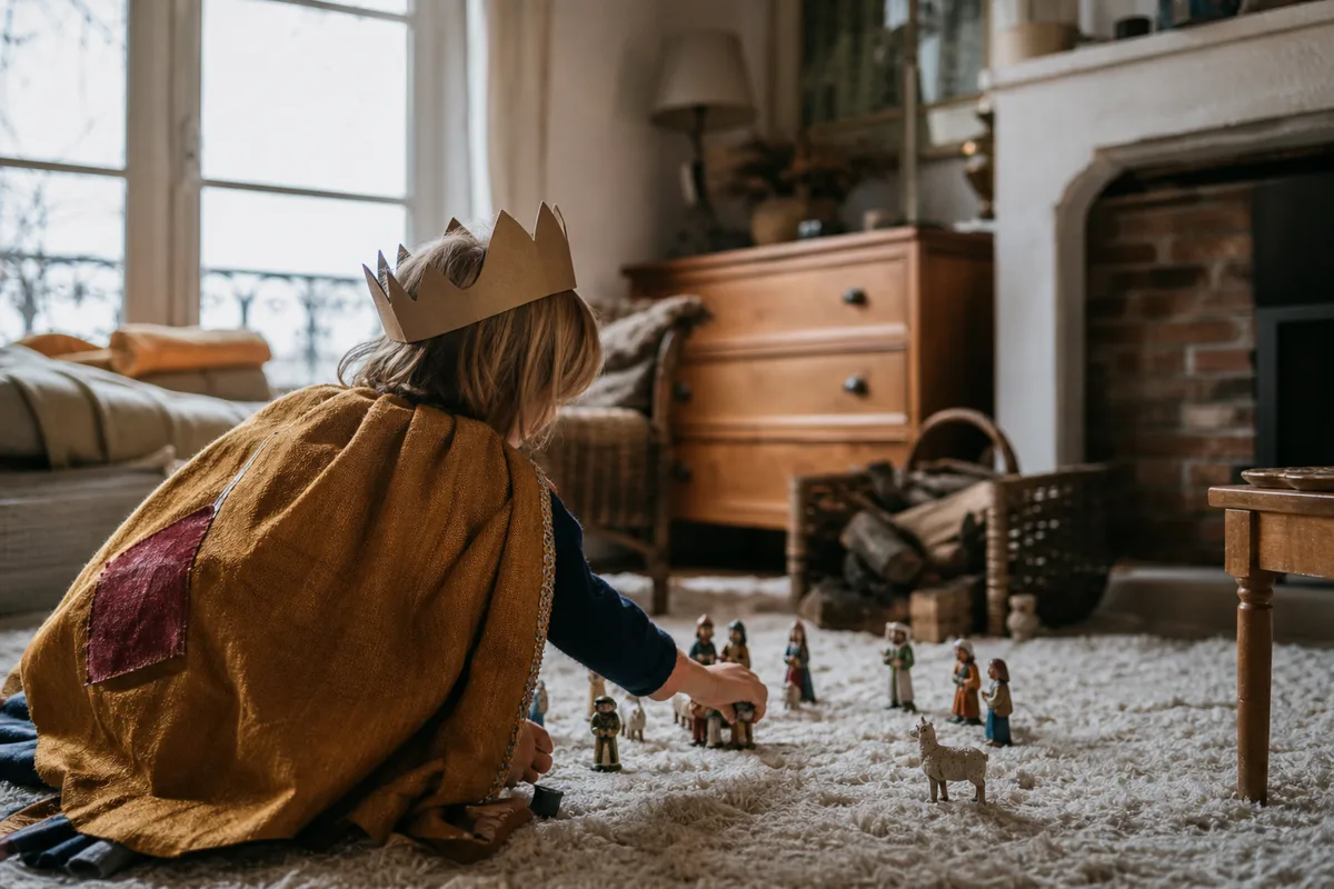 Enfant déguisé en chevalier jouant avec des figurines dans un salon lumineux