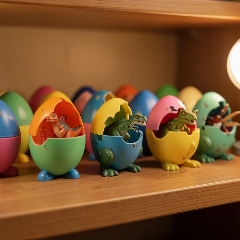 Jouets oeufs transformables des années 80 alignés sur une étagère de collectionneur