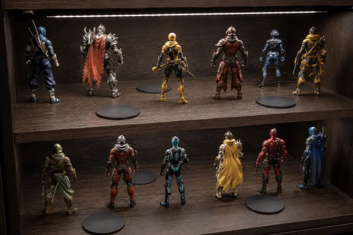 Vitrine d&rsquo;étagère en bois sombre garnie de figurines articulées génériques en plastique coloré, éclairage doux