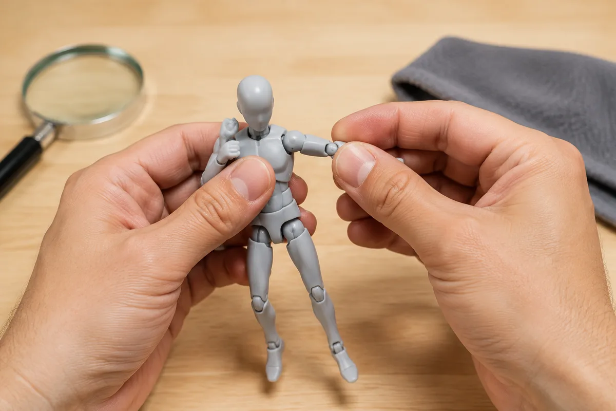 Mains d&rsquo;adulte en gros plan manipulant une petite figurine articulée en plastique au-dessus d&rsquo;un établi clair