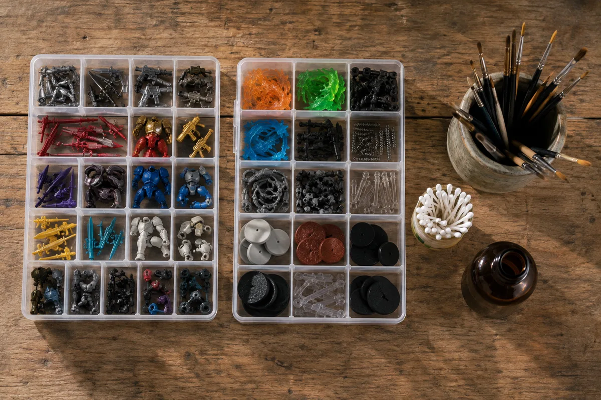 Bacs de rangement compartimentés remplis de petites pièces de plastique coloré, pinceaux et cotons-tiges posés sur un établi de restauration