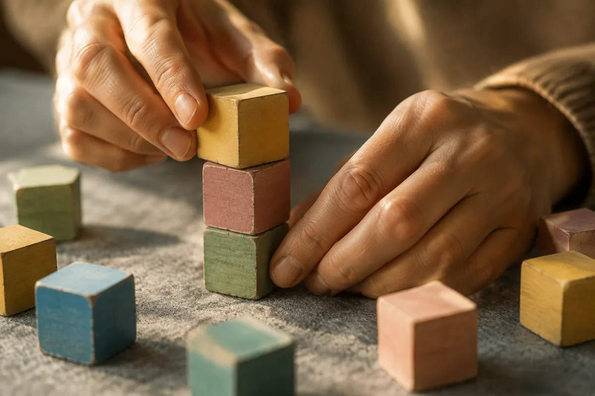 Cubes de bois anciens empilés en tour irrégulière sur une table de chêne patinée
