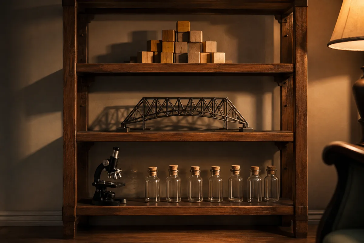Étagère en bois sombre présentant cubes de bois, structure métallique assemblée et flacons de verre