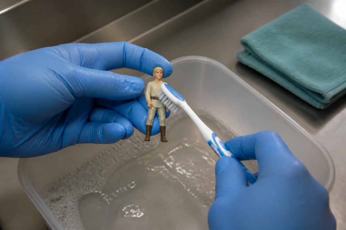 Mains gantées nettoyant une figurine en plastique avec une brosse à dents souple sur un plan de travail