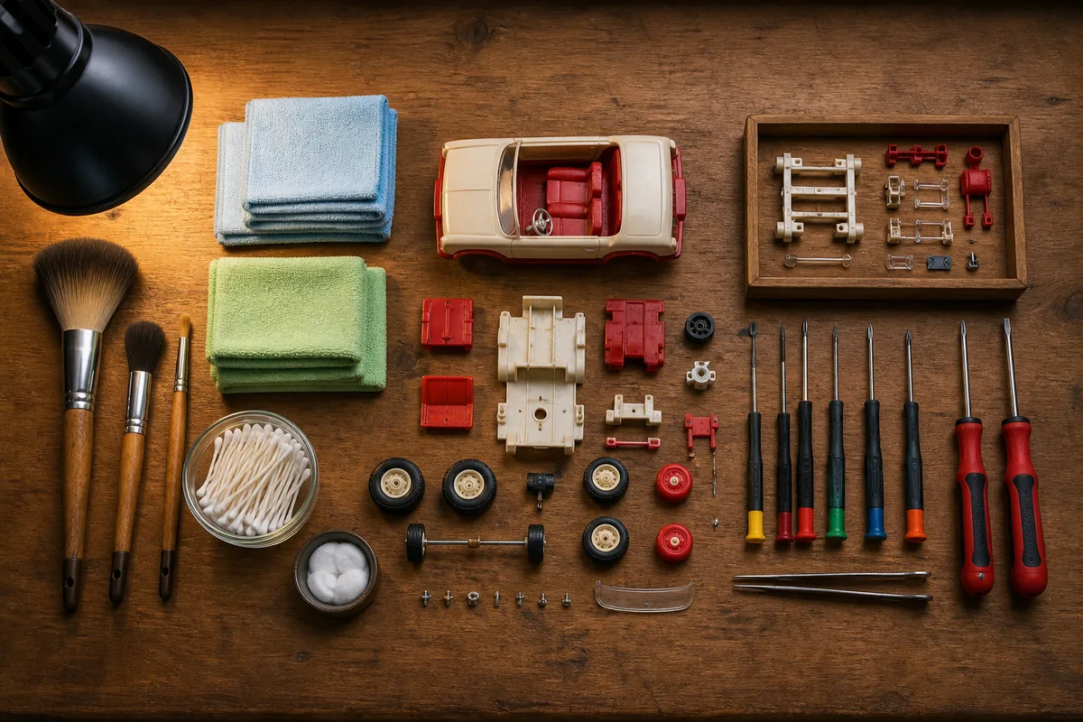Établi de restauration avec pinceaux, chiffons microfibre et pièces de jouets démontées