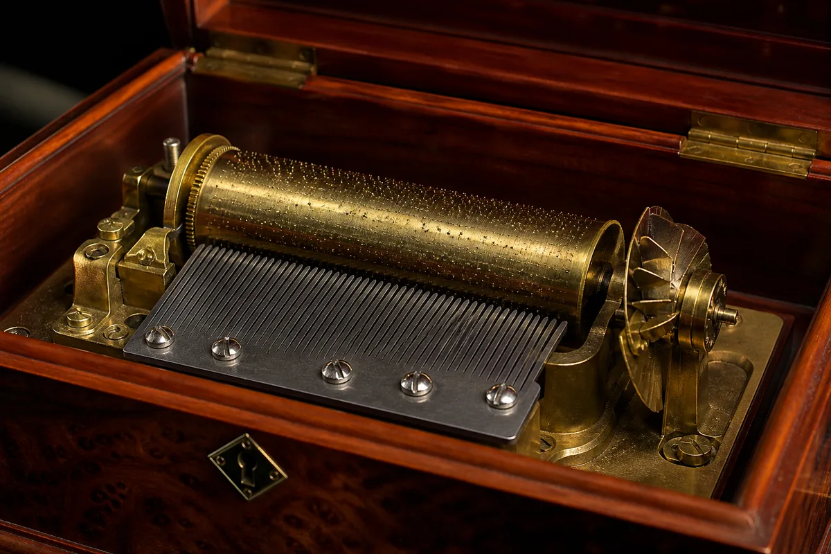 Intérieur d’une boîte à musique à cylindre ouverte, peigne d’acier et régulateur visibles