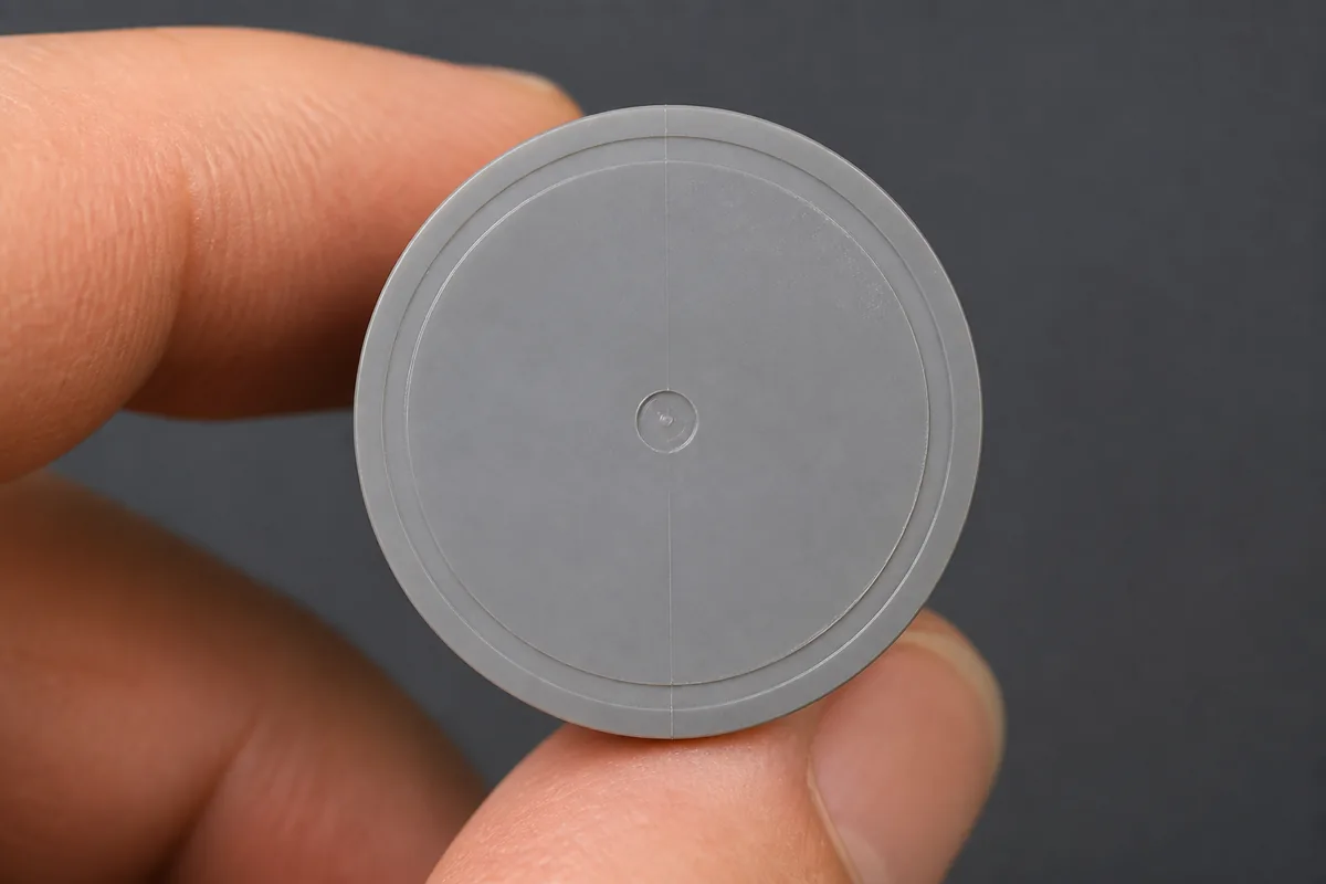 Dessous d&rsquo;une figurine en plastique tenue à la lumière, marquage gravé visible sur la base