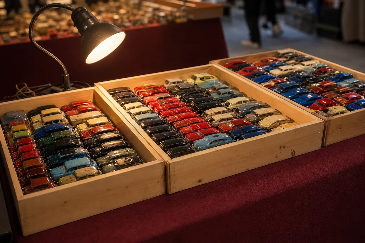 Étal de salon de collectionneurs avec caisses de miniatures en métal alignées sous une lumière chaude