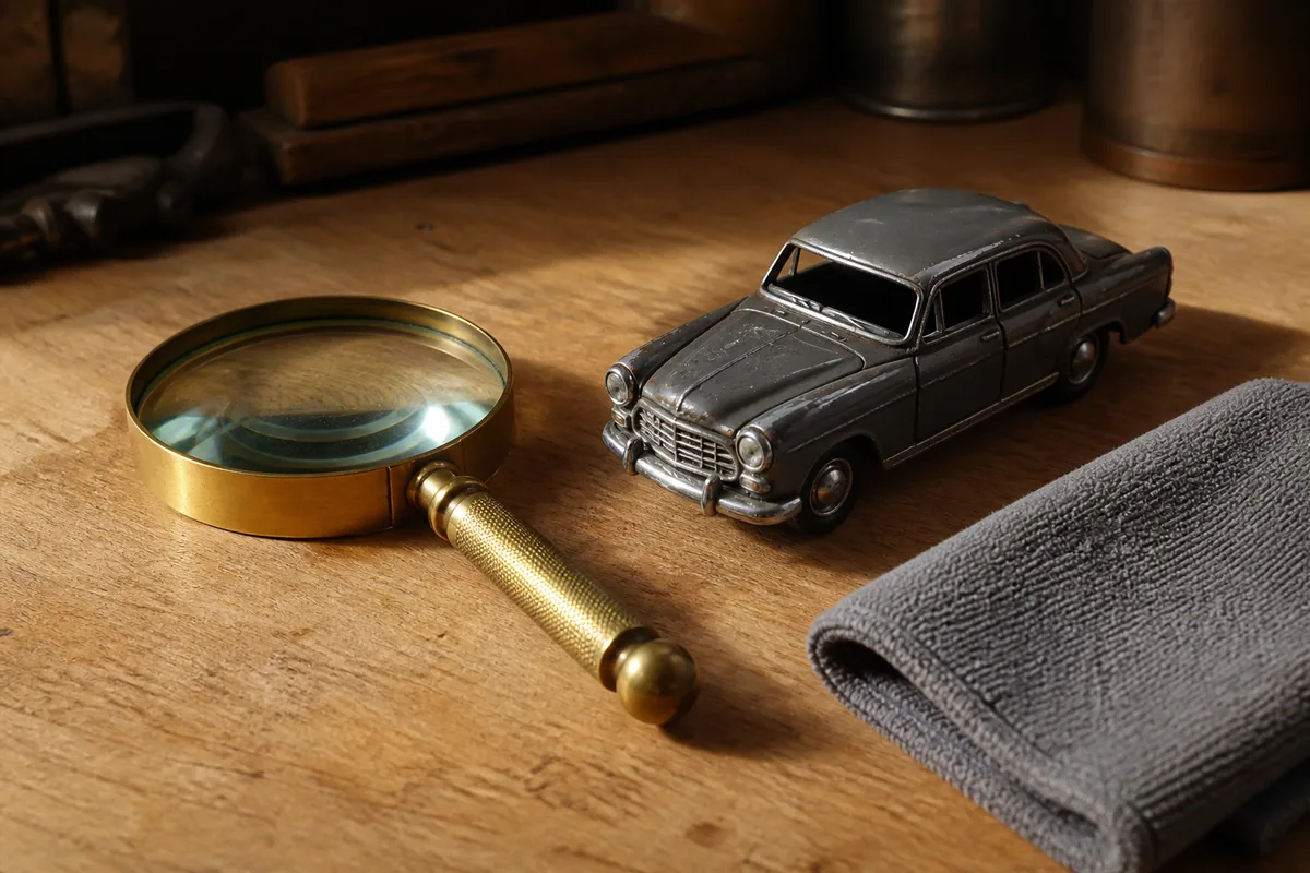Loupe posée près d&rsquo;une voiture miniature en métal patinée sur un établi en bois clair