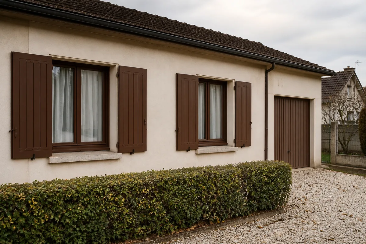 Façade de pavillon des années 70 avec menuiseries bois et volets battants repeints