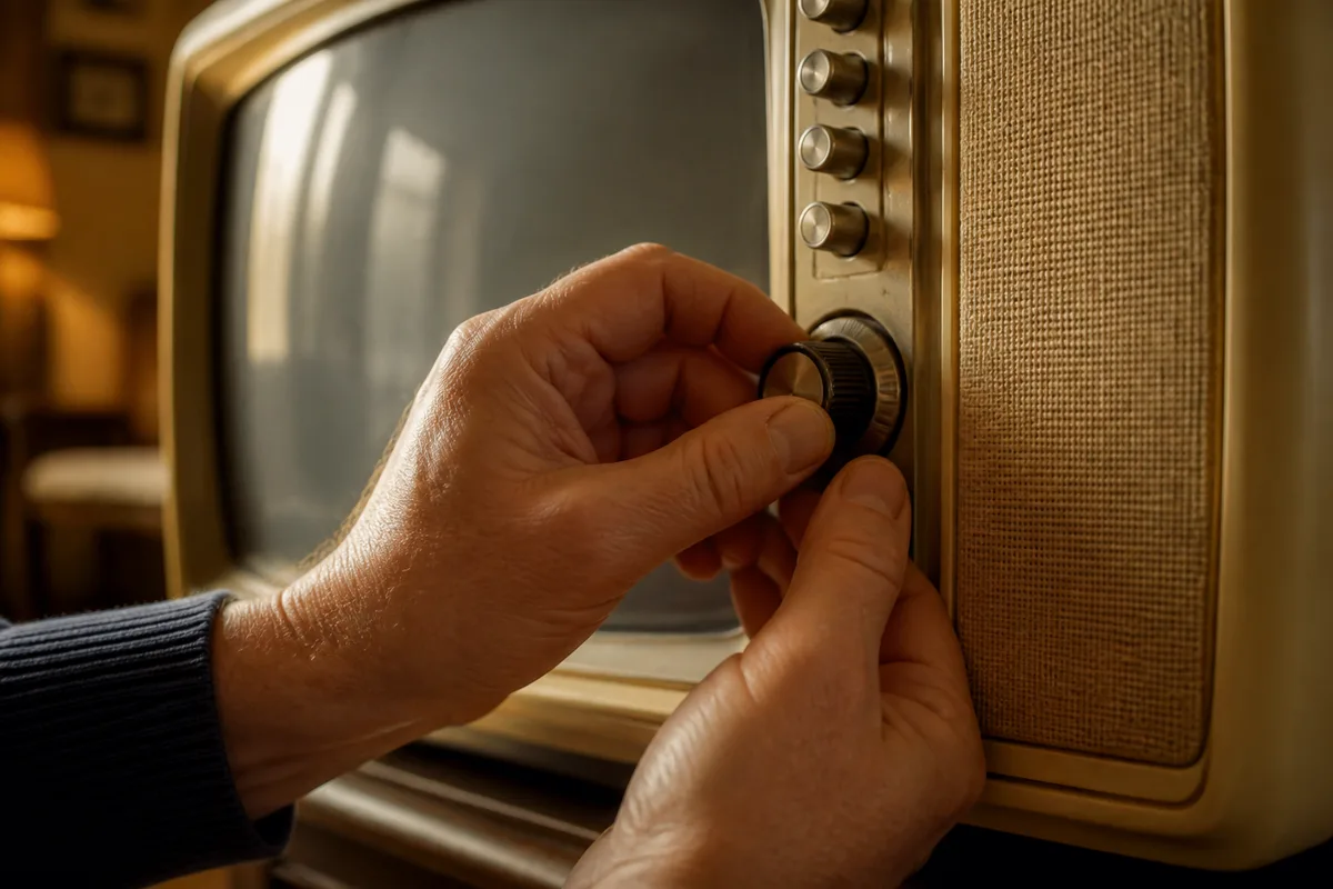 Téléviseur cathodique beige posé sur un meuble en bois clair, écran allumé sur une image colorée floue