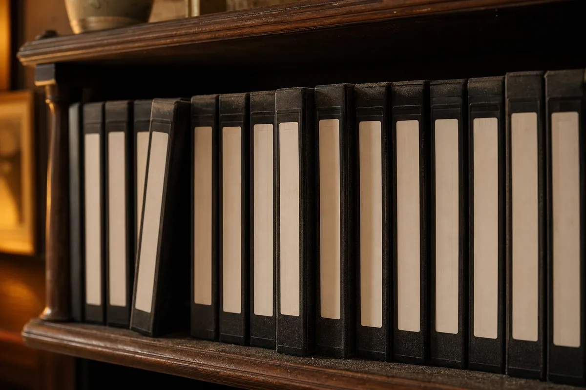 Rangée de cassettes vidéo VHS aux étiquettes vierges dans une étagère en bois sombre