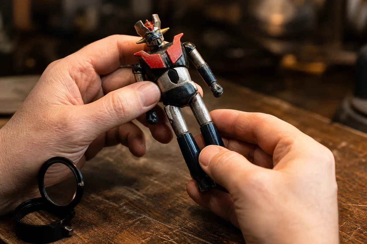 Mains d&rsquo;un collectionneur inspectant le dessous d&rsquo;une figurine articulée vintage sous une loupe